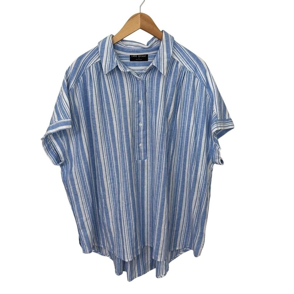 Lane Bryant Linen Blend Striped Popover Tunic Shirt Womens Size 18 Blue White‎